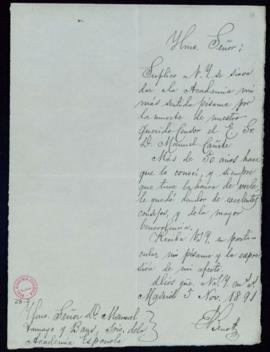Carta de pésame de E[duardo] Benot al secretario, Manuel Tamayo y Baus, por el fallecimiento de M...