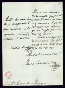 Orden de Manuel de Lardizábal del pago a Matías Ricarte de 1150 reales de vellón por el tirado de...