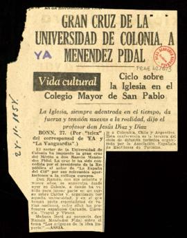 Recorte del diario Ya con la noticia Gran Cruz de la Universidad de Colonia, a Menéndez Pidal