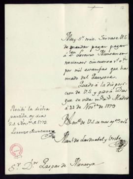 Orden de Pedro de Silva del pago a Lorenzo Muntaner de 350 reales de vellón por el estampado de 1...