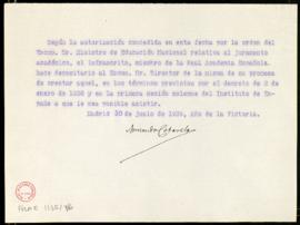 Promesa de Armando Cotarelo del juramento académico en los términos previstos por el decreto de 2...