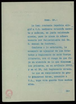 Copia sin firma del oficio del secretario [Julio Casares] a Isidro Gomá de su elección como acadé...