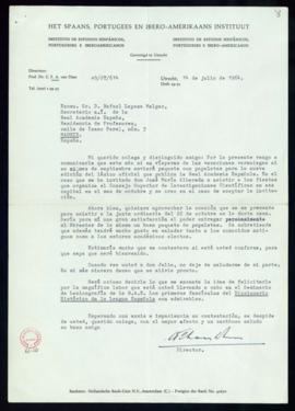 Carta de C. F. Adolf van Dam a Rafael Lapesa en la que le comunica que hasta septiembre no va a p...