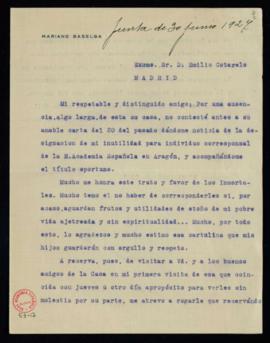 Carta de Mariano Baselga a Emilio Cotarelo en la que se excusa de su retraso en acusar recibo de ...