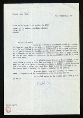 Carta de Camilo José Cela a Melchor Fernández Almagro en la que le dice que le ha llegado el rumo...