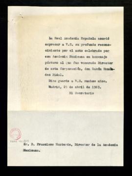 Copia sin firma del oficio del secretario a Francisco Monterde, director de la Academia Mexicana,...