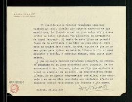 Carta de Ángel Ferrant a Melchor Fernández Almagro en la que le pide que le dé su opinión sobre e...