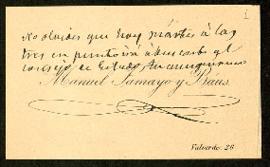Tarjeta de visita de Manuel Tamayo y Baus a Pedro Antonio de Alarcón en la que le recuerda que pa...