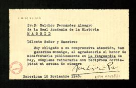 Carta de J. M. López-Picó a Melchor Fernández Almagro en la que le agradece su atención en La Van...