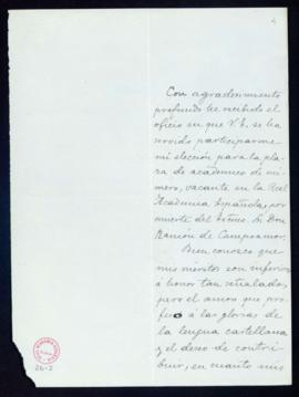 Carta de José Ortega Munilla al secretario, Mariano Catalina, de agradecimiento a la Academia por...