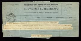 Telegrama de pésame de Guillermo Díaz-Plaja por el fallecimiento del director Miguel Asín