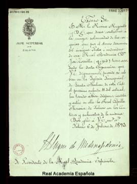 Carta del duque de Medina Sidonia, jefe superior de Palacio, al conde de Cheste con la comunicaci...