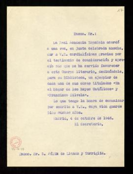 Copia sin firma del oficio de Julio Casares a Félix de Llanos y Torriglia de traslado del agradec...