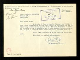 Carta de Rosa María [ileg.], secretaria de José María Pemán, a la Real Academia Española en la qu...
