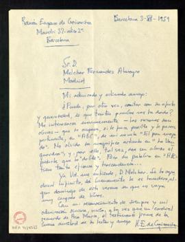 Carta de Ramón Eugenio de Goicoechea a Melchor Fernández Almagro en la que le pide que se ocupe d...