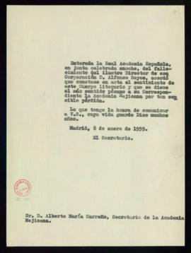 Copia del oficio de pésame del secretario a Alberto María Carreño, secretario de la Academia Mexi...