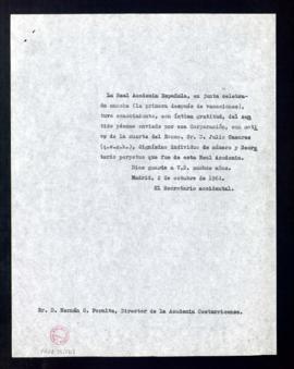 Copia del oficio del secretario accidental, Rafael Lapesa, a Hernán G. Peralta, director de la Ac...