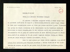 Carta del marqués de Lozoya a Melchor Fernández Almagro en la que le pide que recomiende a su par...