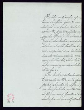 Carta del duque de Villahermosa a Manuel Tamayo y Baus en la que acusa recibo del oficio de trasl...