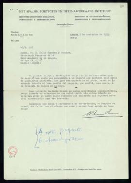 Carta de C. F. Adolf van Dam a Julio Casares en la que le pregunta si ha recibido un paquete de p...