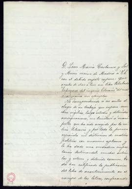 Copia de la carta de León María Carbonero y Sol y Merás con la que remite un ejemplar de su obra,...