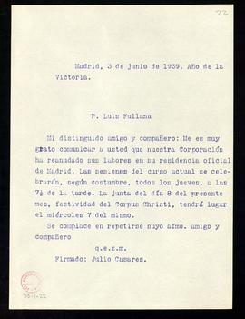 Copia sin firma del oficio de Julio Casares a Luis Fullana en el que le comunica que la Academia ...