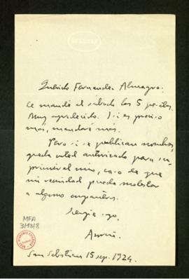 Carta de Azorín a Melchor Fernández Almagro en la que le informa de que le mandó el sábado cinco ...