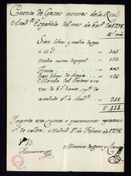 Cuenta de gastos menores del mes de enero de 1798