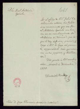 Carta del conde de Montijo [Eugenio Palafox Portocarrero] a Diego Clemencín, secretario interino,...