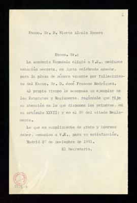 Copia sin firma del oficio del secretario a Niceto Alcalá Zamora de comunicación de su elección c...