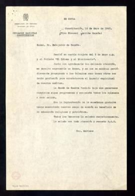 Carta de los Hermanos Maristas de Constitución, en Chile, al embajador de España para agradecerle...