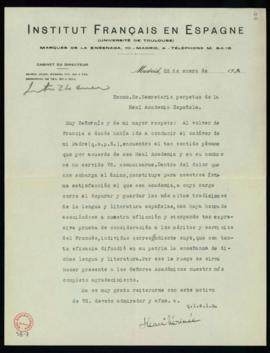 Carta de Henri Mérimée al secretario perpetuo [Emilio Cotarelo y Mori] de traslado del agradecimi...