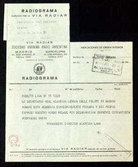 Radiograma de pésame de la Academia correspondiente peruana y de su director por la desaparición ...