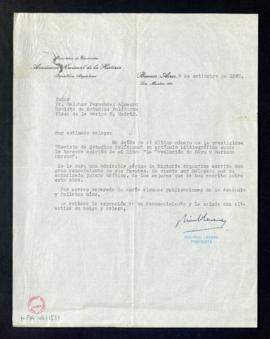 Carta de Ricardo Levene, presidente de la Academia Nacional de la Historia, a Melchor Fernández A...