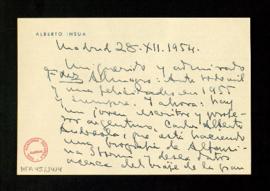 Carta de Alberto Insúa a Melchor Fernández Almagro en la que le felicita el año 1955 y le pide qu...