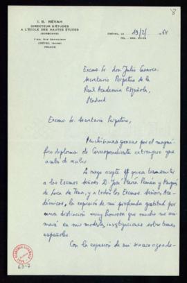 Carta de I. S. Révah a Julio Casares en la que le agradece el diploma de correspondiente que ha r...