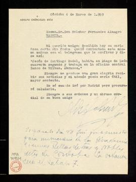 Carta de Adolfo Chércoles Vico a Melchor Fernández Almagro en la que acusa recibo de la suya, a l...