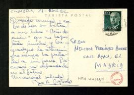 Tarjeta postal de José A. Goytisolo a Melchor Fernández Almagro en la que le dice que acaba de le...