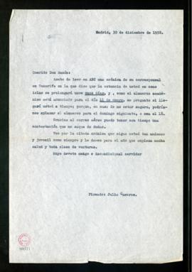 Copia sin firma de la carta de Julio Casares a Ramón Menéndez Pidal en la que le pregunta por la ...