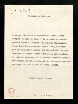 Copia sin firma del saluda de Alonso Zamora Vicente, secretario interino, al marqués de Luca de T...