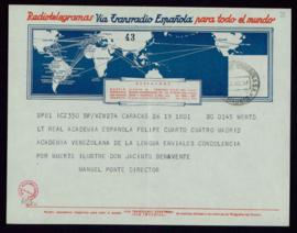 Telegrama de Manuel Ponte, director de la Academia Venezolana de la Lengua, por el fallecimiento ...