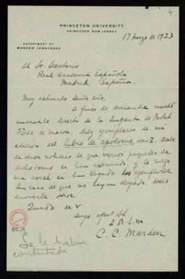 Carta de Charles C. Marden al secretario en la que le ruega que le avise de la recepción de diez ...