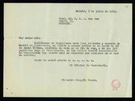 Minuta de la carta del oficial de la secretaría, Joaquín Feced, a C. F. Adolf van Dam en la que a...