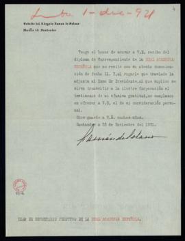 Carta de Ramón de Solano y Polanco al secretario en la que acusa recibo de su nombramiento como a...