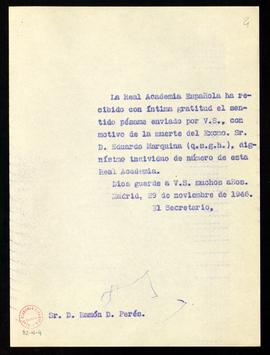 Copia sin firma del oficio del secretario a Ramón D. Perés de traslado del agradecimiento de la j...