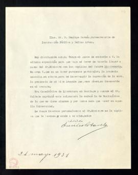 Carta de Emilio Cotarelo a Domingo Barnés con la petición de que interese al ministro [de Instruc...