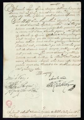 Orden del marqués de Villena del libramiento a favor de Felipe Tiburcio de Aguirre de 128 reales ...