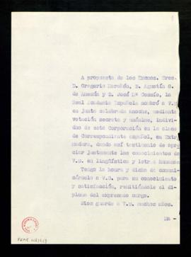 Copia sin firma del oficio del secretario a Antonio Rodríguez-Moñino de traslado de su nombramien...