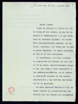 Carta de Erasmo Buceta a Emilio Cotarelo en la que acusa recibo de su nombramiento como académico...