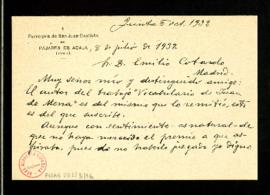Carta de José M.ª Aguado a Emilio Cotarelo en la que acepta la cesión en propiedad del original d...
